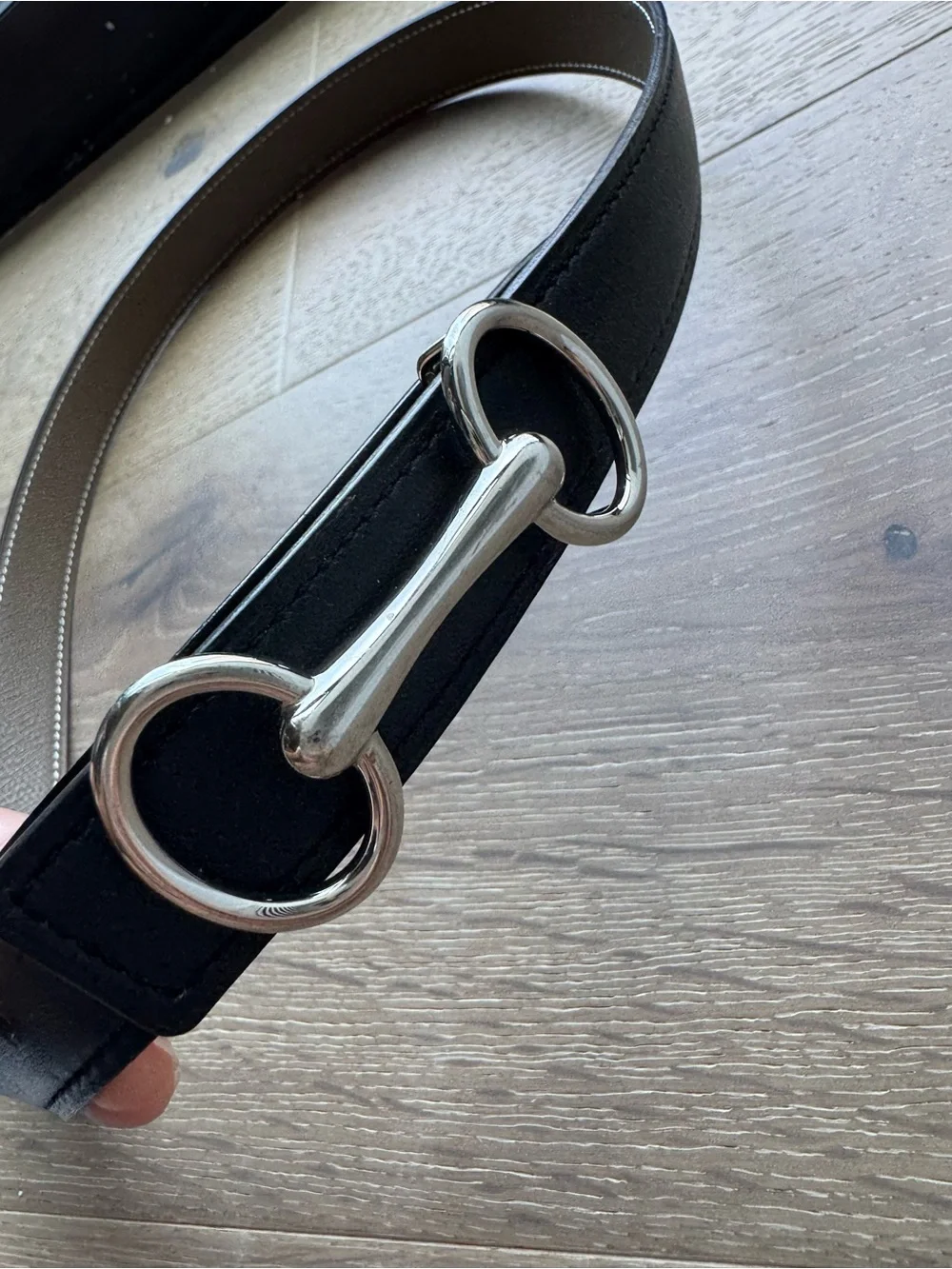 Women’s Hermes Reversible Leather Belt with Silver Buckle Noir / Etoupe